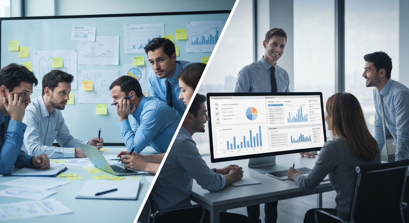Comparison of sales teams with and without data dashboards, highlighting improved performance.