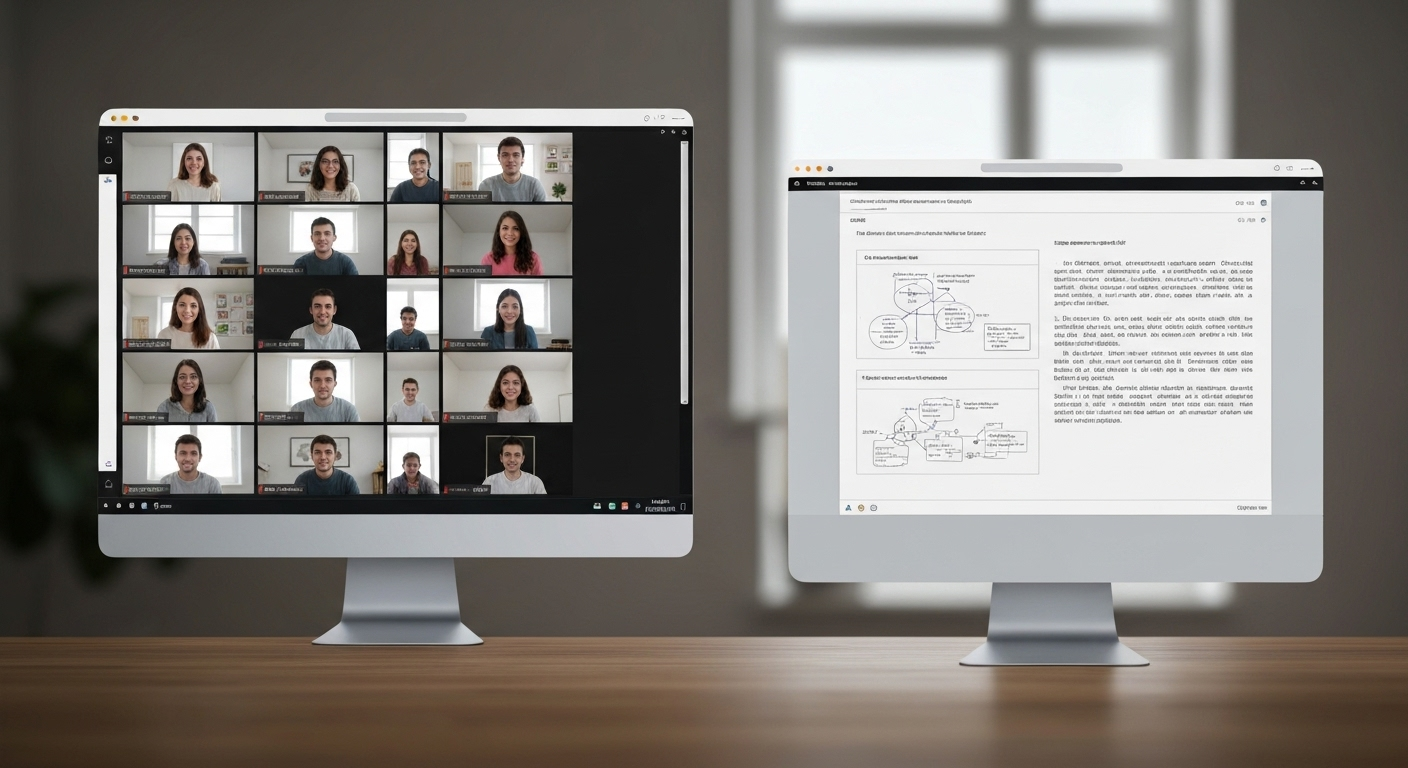 Computer screen split: students in video call on left, course document on right.