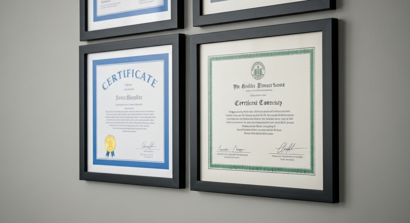 Three framed certificates from Aprender21, ITSS, and UTN hang on a wall.