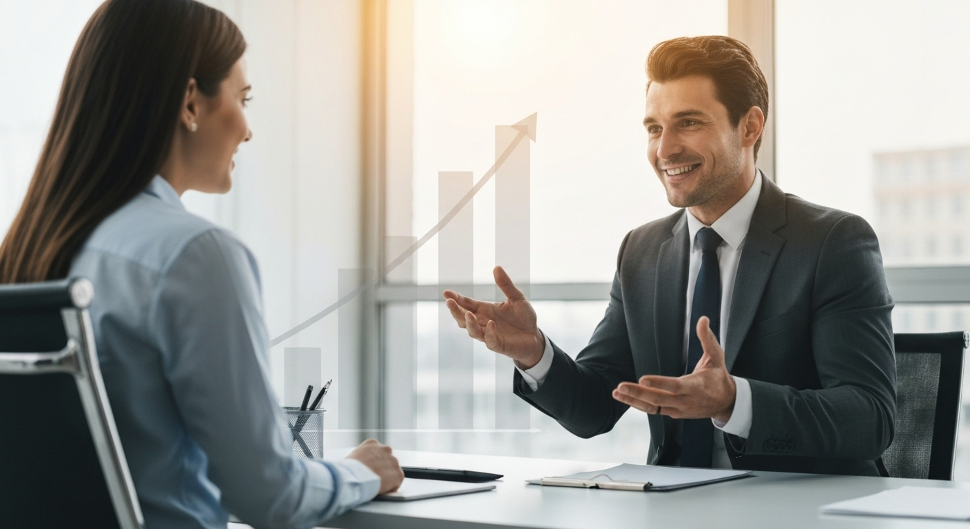Sales leader coaching a team member, with a subtle upward-trending graph overlay.