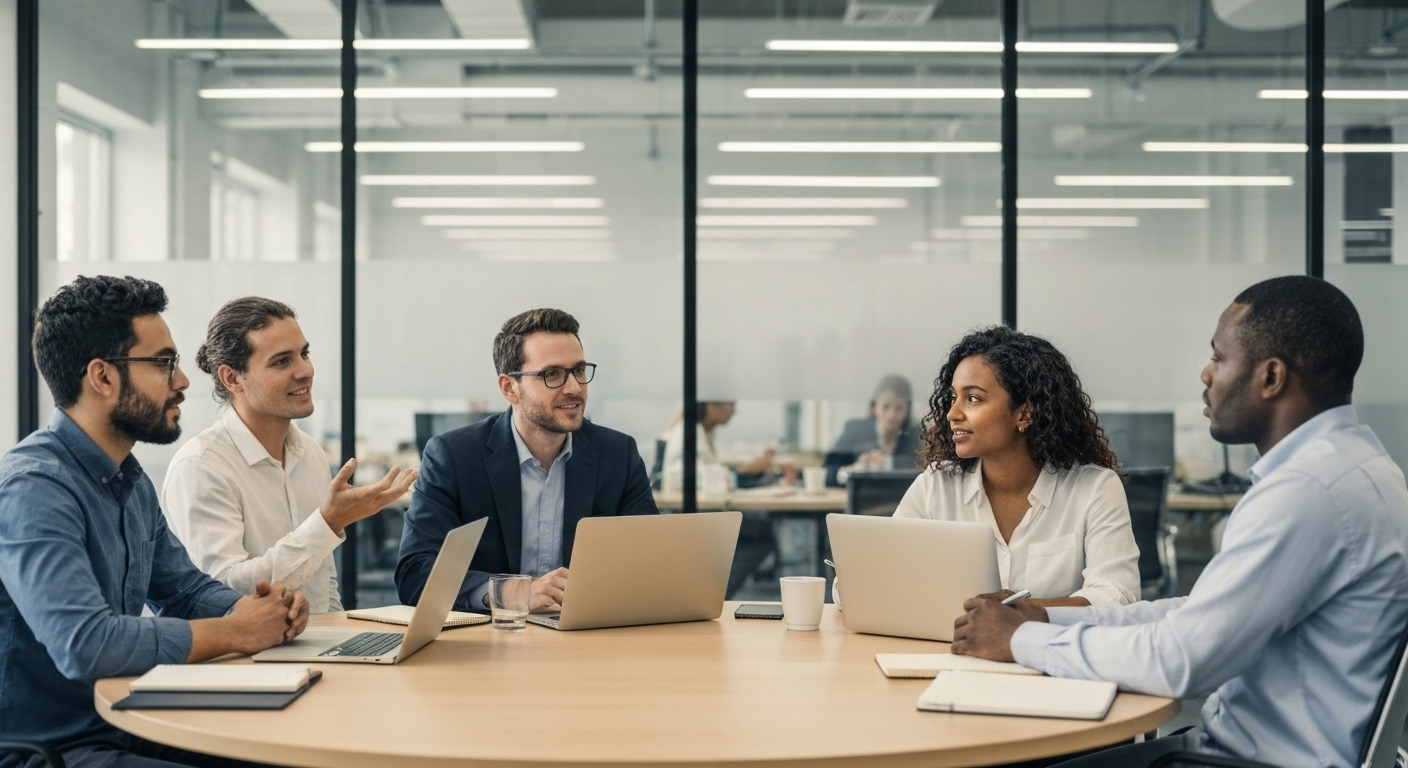 Team meeting showcasing improved internal communication and feedback; modern office setting.