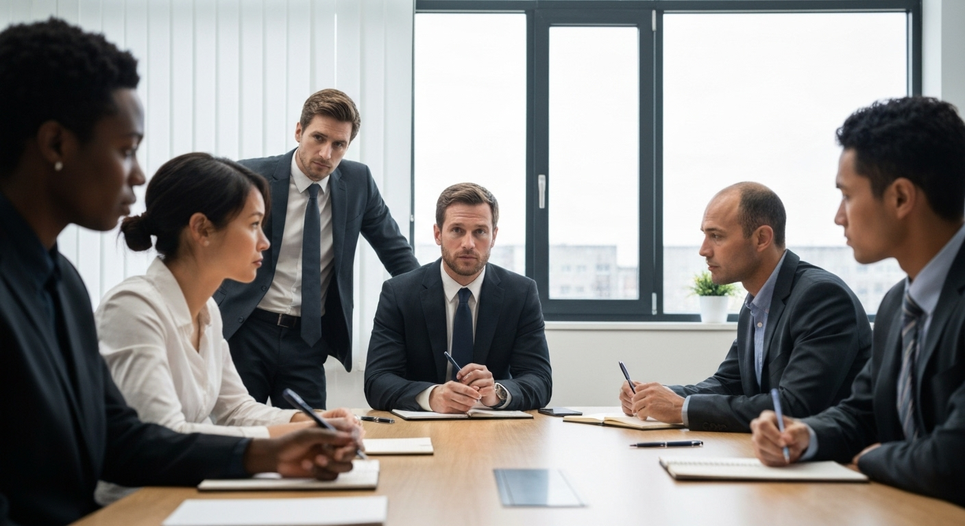 Diverse group in a meeting, one person subtly employing silence tactic.