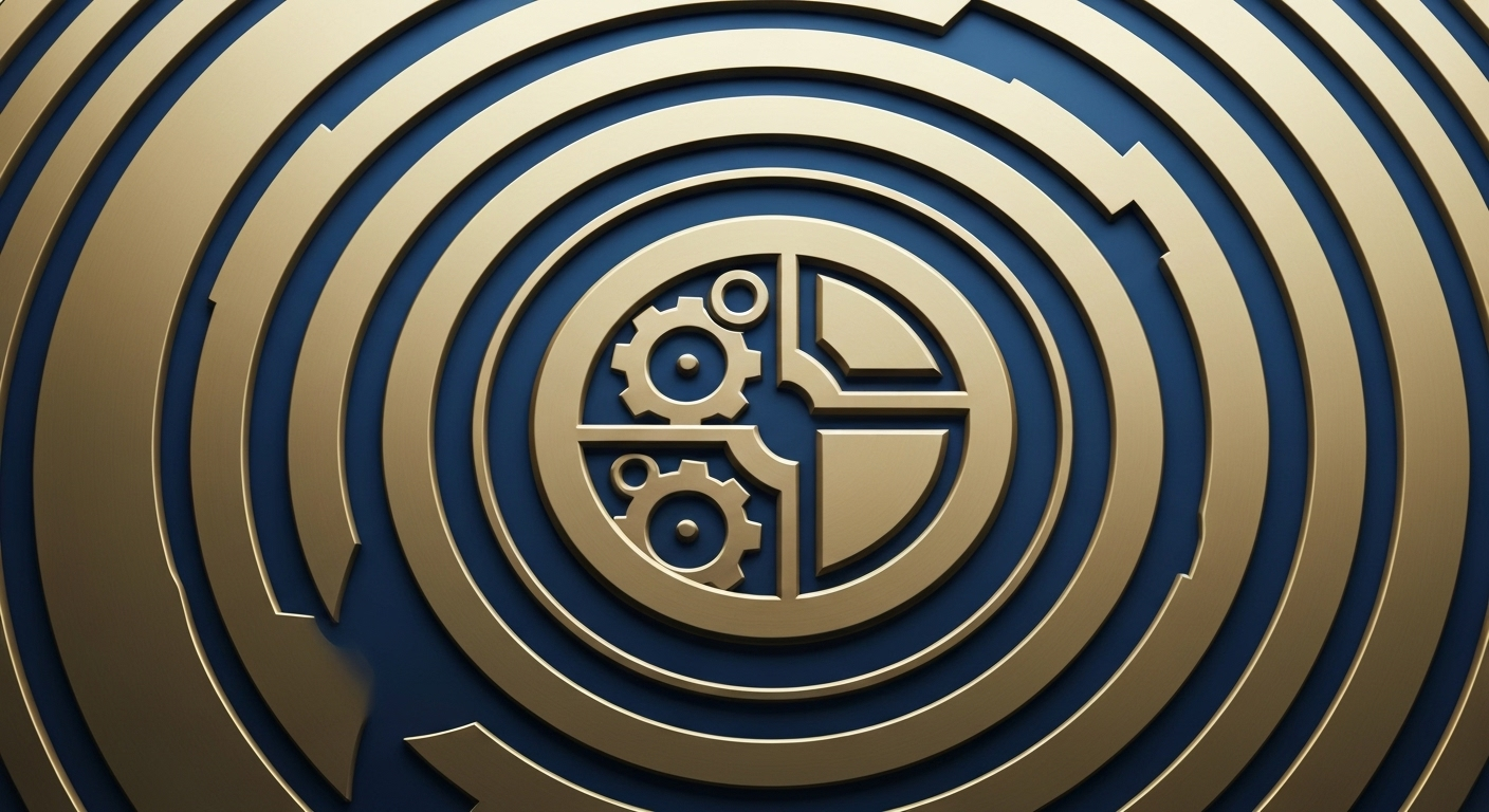 Gold and blue professional trust seal with gears and a shield emblem.