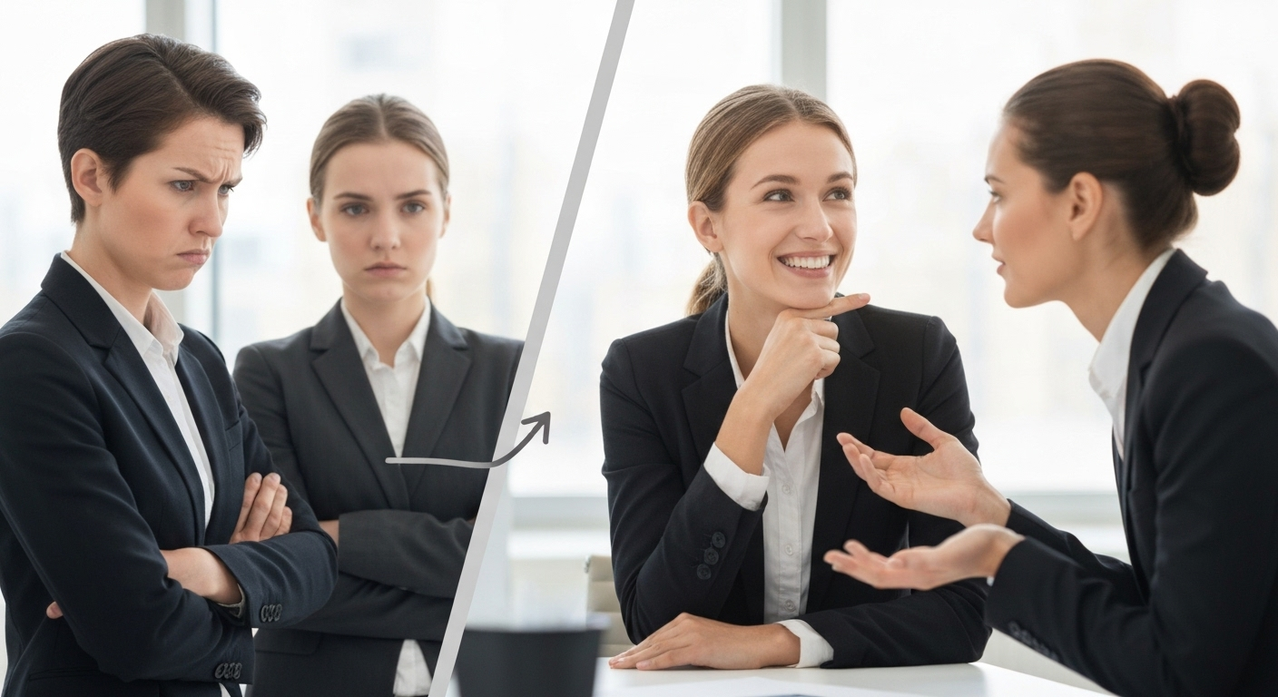 Split image showing improved customer interaction through active listening, leading to positive results.