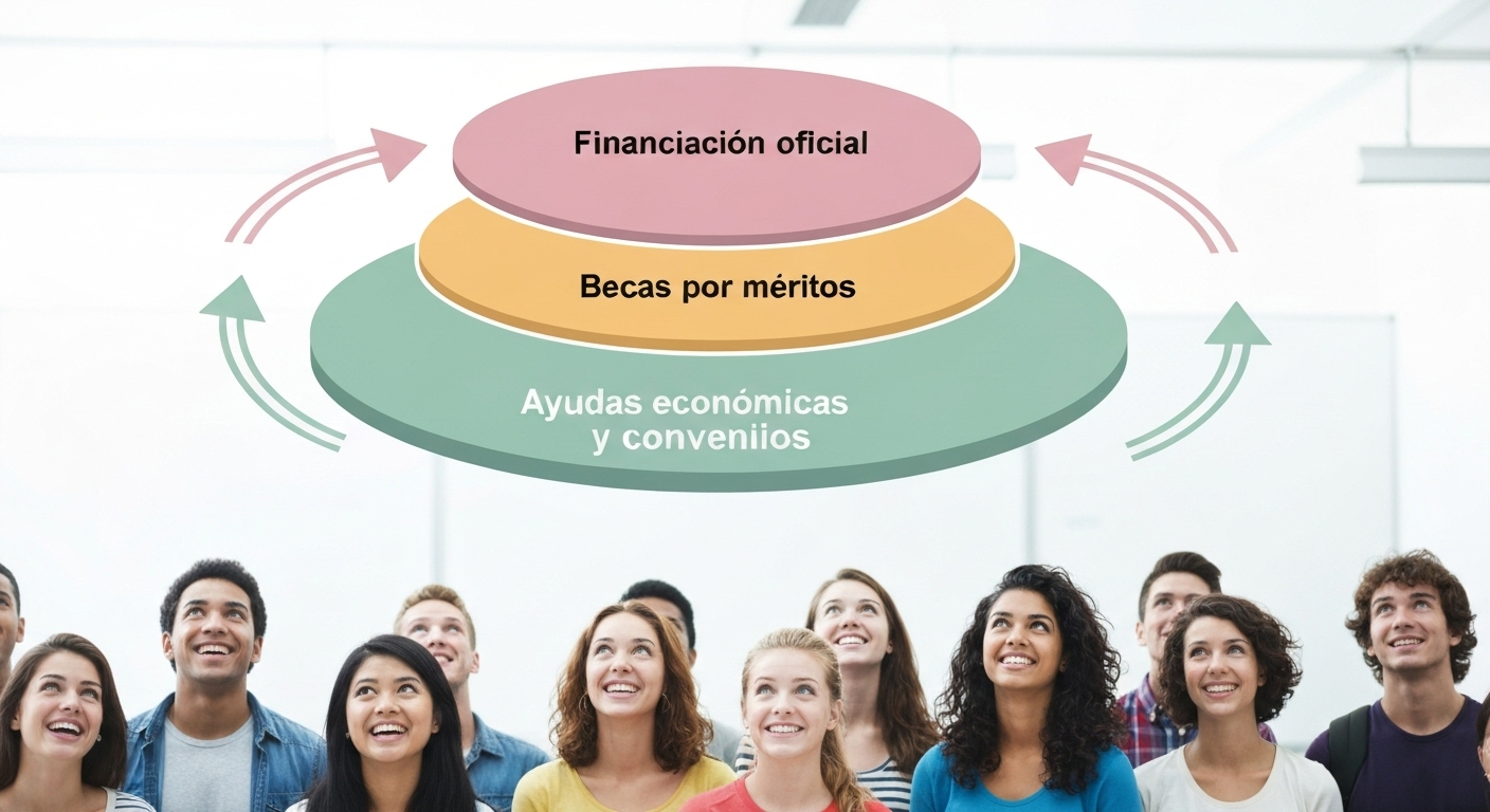 Circular chart visually representing financing and scholarship options, with students looking optimistically towards it.
