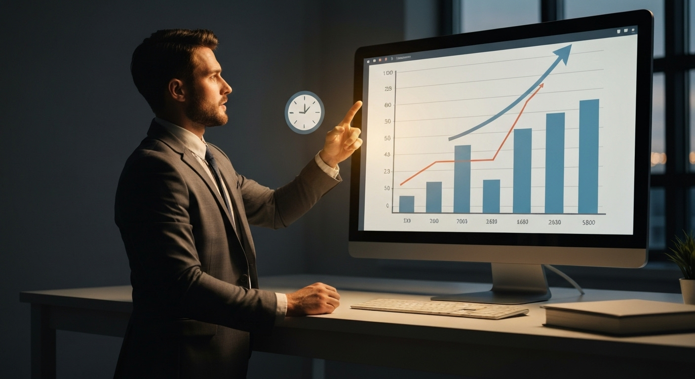 A businessman presents a graph showing an 18% increase in sales after flexible training.