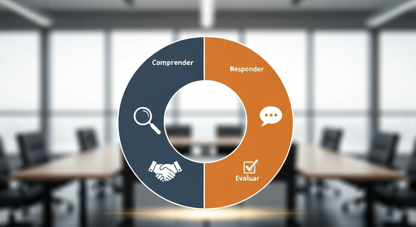 Circular diagram depicting the C.A.R.E. model: Comprender, Acordar, Responder, Evaluar in negotiation.