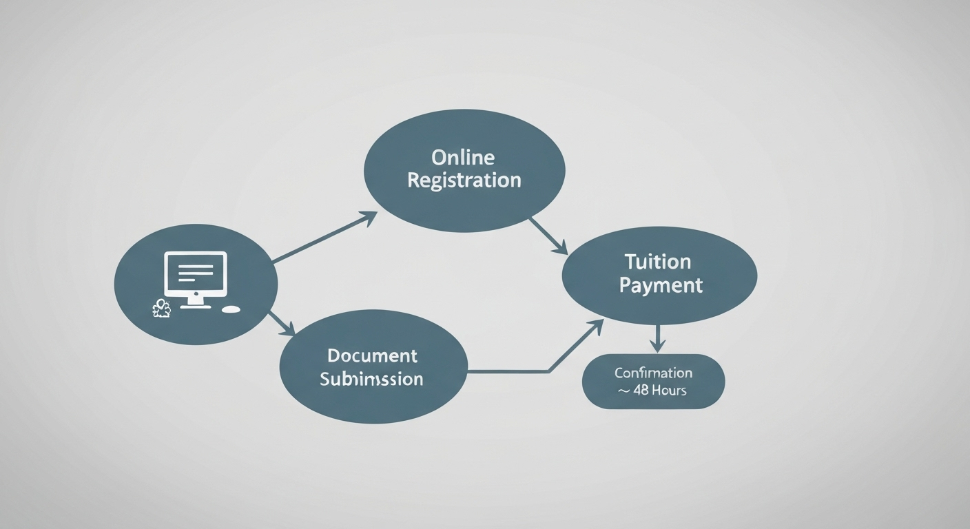 Flowchart depicting Aprender21 registration process: online registration, document submission, tuition payment, and confirmation.