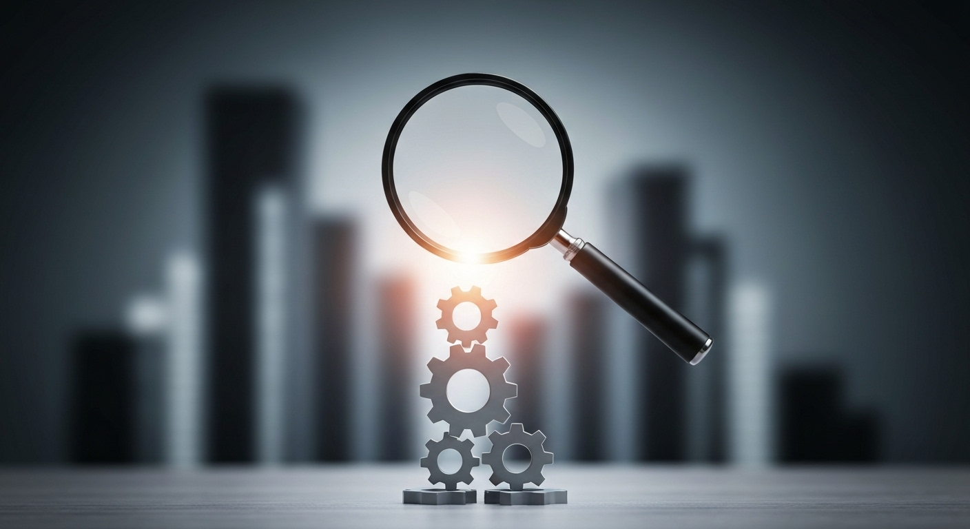 Gears with magnifying glass symbolize new, specialized job opportunities.