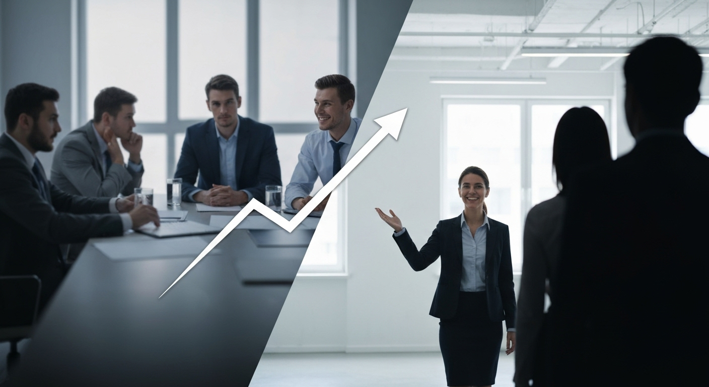 Two sales teams: unprepared (left), prepared (right), linked by an upward arrow.
