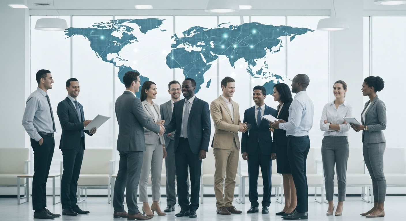 Diverse professionals networking in a modern office, representing global connections in sales.