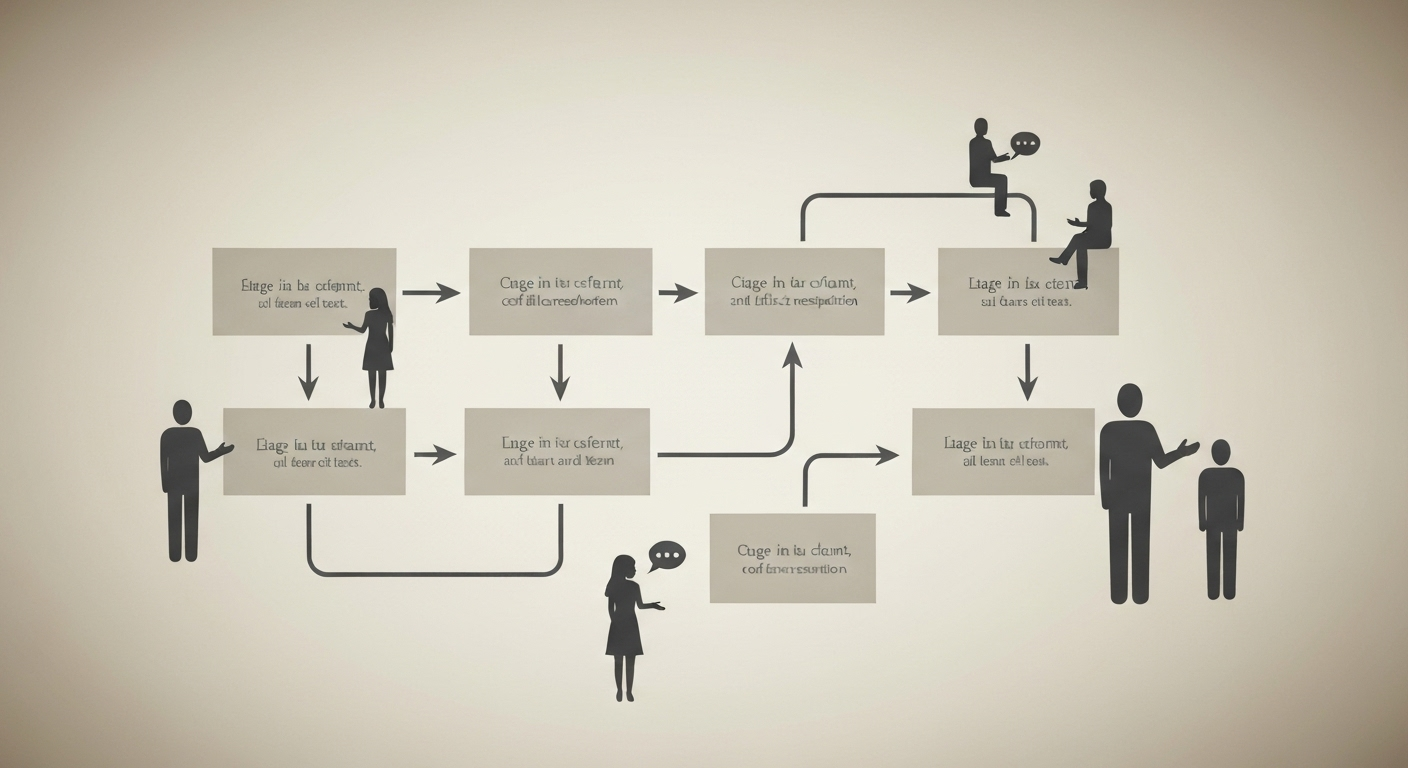 Flowchart diagram illustrating conflict resolution process in a team, showing steps and interactions.