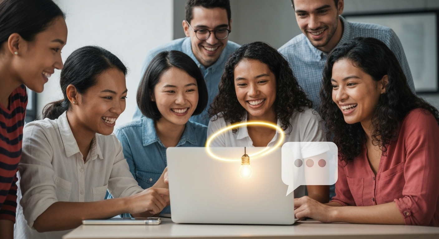 Diverse students collaborating around a laptop, chat bubble icon, and glowing lightbulb.