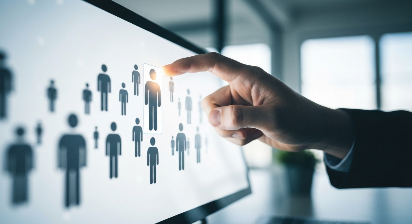 Hand selecting a key prospect from a digital display, symbolizing targeted outreach.