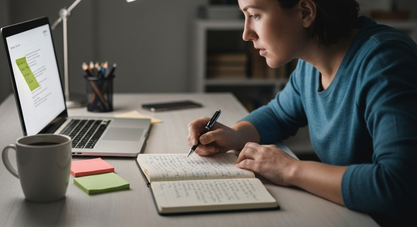 Person thoughtfully reviewing personalized email prospects on laptop, taking notes in notebook.