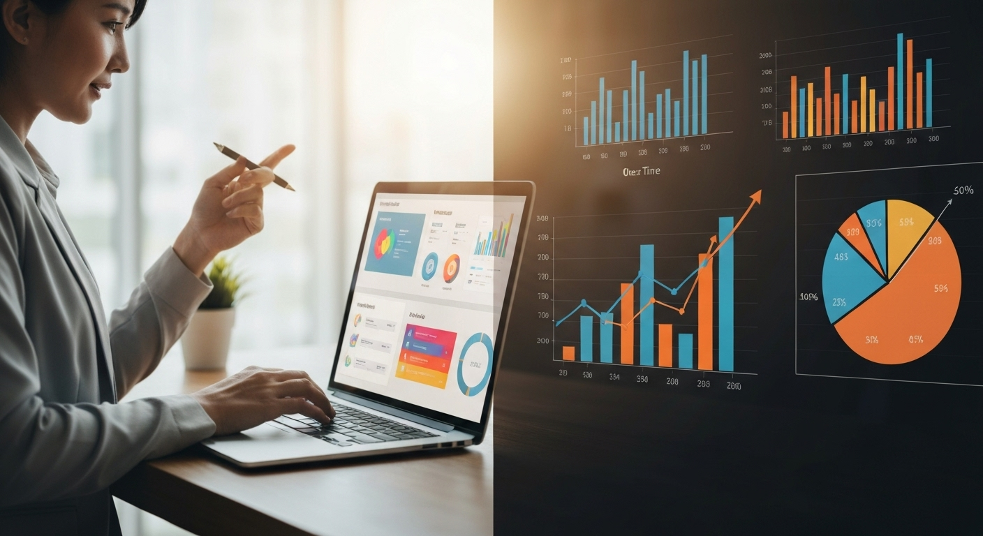 Split screen: professional analyzing digital marketing data showing upward trends and positive metrics.