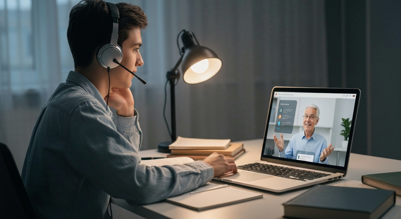 Student receives personalized virtual tutoring with a tutor on-screen, surrounded by learning materials.