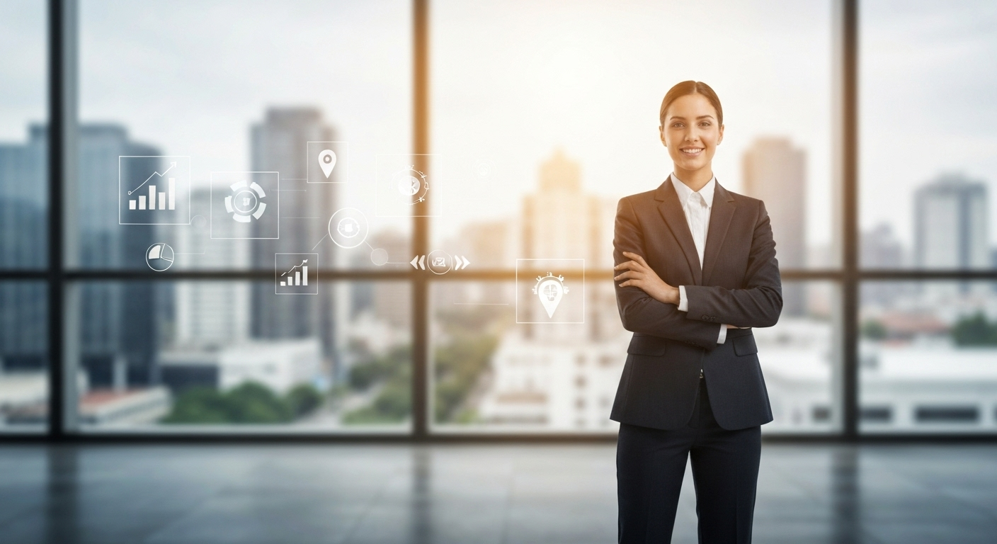 Confident professional in modern office, subtly overlaid with industry-related graphics, showcasing expertise.